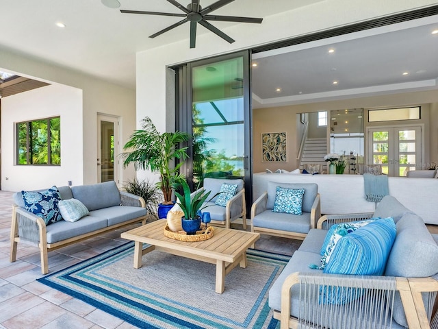 1109 Bayshore Rd, Nokomis, FL 34275 - living room with french doors, stairs, a ceiling fan, and recessed lighting