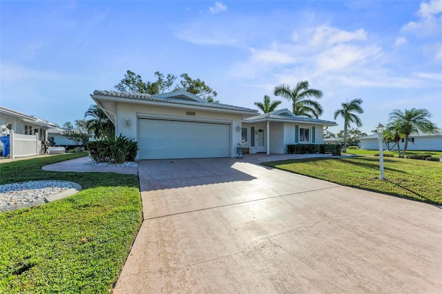 single story home with a front yard and a garage