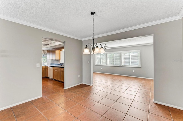 unfurnished dining area featuring a textured ceiling, ornamental molding, light tile patterned floors, and ceiling fan with notable chandelier