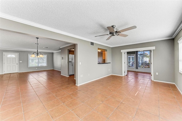 unfurnished living room featuring ornamental molding, a textured ceiling, and light tile patterned floors