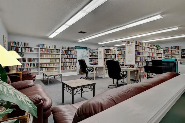 office area featuring a textured ceiling and light colored carpet