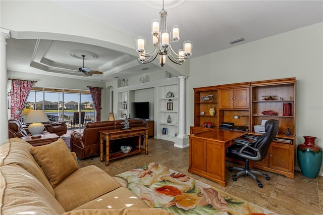 office area with decorative columns and ceiling fan with notable chandelier