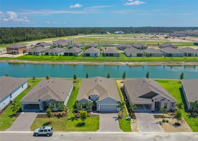 drone / aerial view featuring a water view