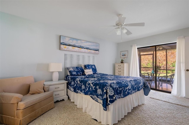 carpeted bedroom featuring ceiling fan and access to outside