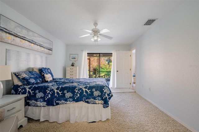 carpeted bedroom with access to exterior and ceiling fan