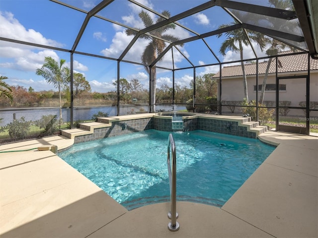 view of pool with a patio, a lanai, an in ground hot tub, and a water view