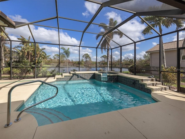 view of pool with an in ground hot tub, a water view, a patio, pool water feature, and glass enclosure