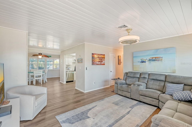 living room featuring ceiling fan, wooden ceiling, and light wood-type flooring