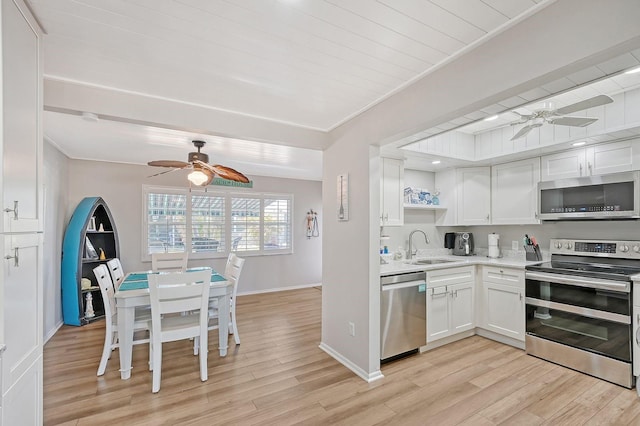 kitchen featuring appliances with stainless steel finishes, white cabinetry, sink, and light wood-type flooring