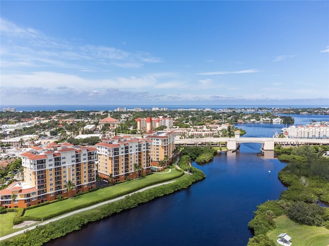 aerial view featuring a water view