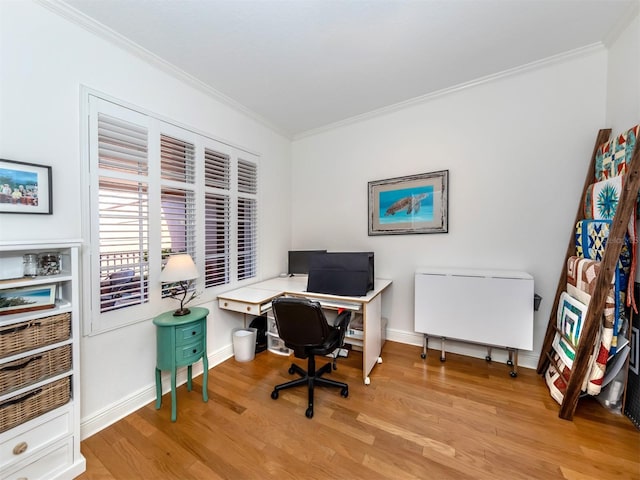 office featuring crown molding and light hardwood / wood-style floors