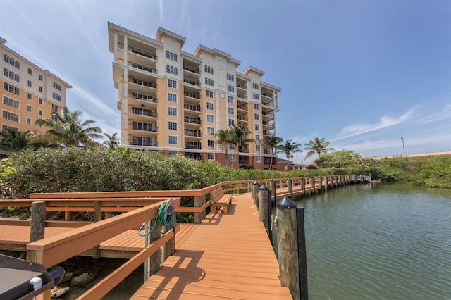 view of dock with a water view