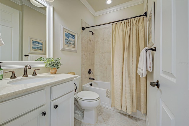 full bathroom with tile patterned flooring, ornamental molding, shower / bath combo with shower curtain, vanity, and toilet