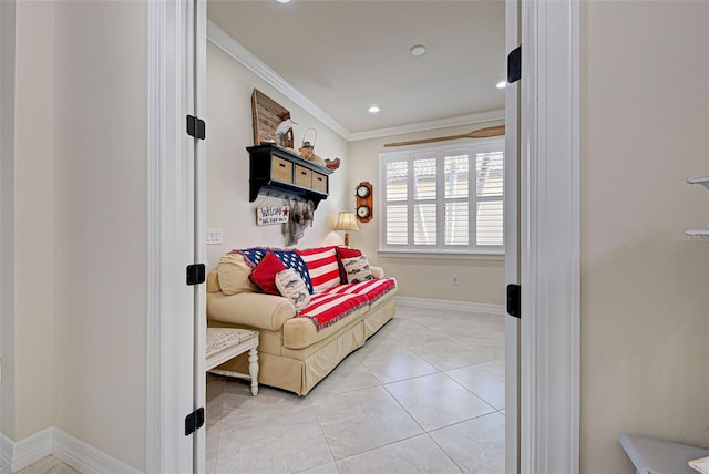 interior space featuring light tile patterned floors and ornamental molding