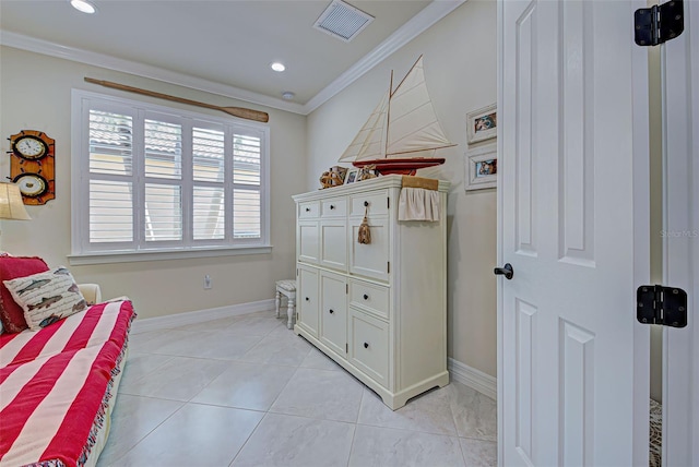 interior space featuring light tile patterned floors and crown molding