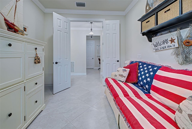 interior space featuring light tile patterned floors and crown molding