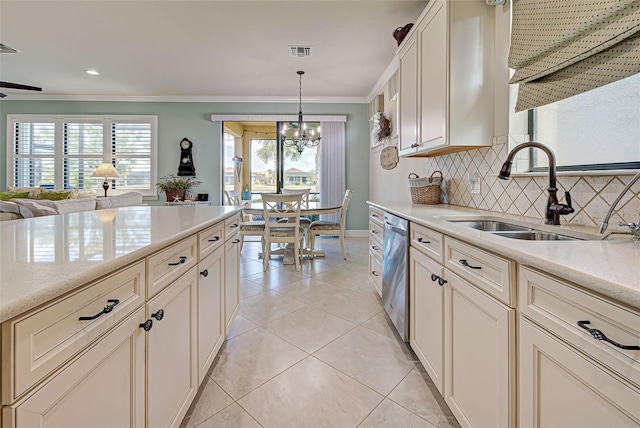 kitchen with sink, stainless steel dishwasher, crown molding, backsplash, and decorative light fixtures