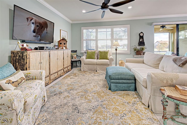 living room featuring ceiling fan and ornamental molding