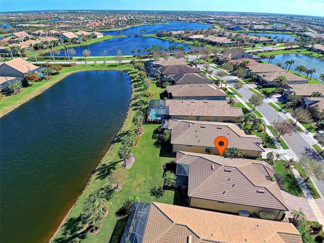 drone / aerial view featuring a water view