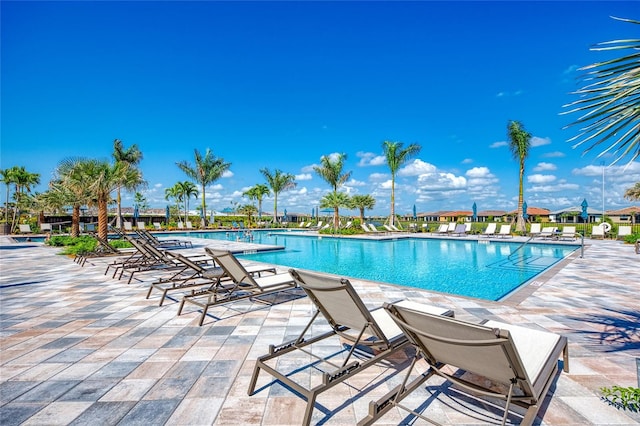 view of swimming pool featuring a patio area