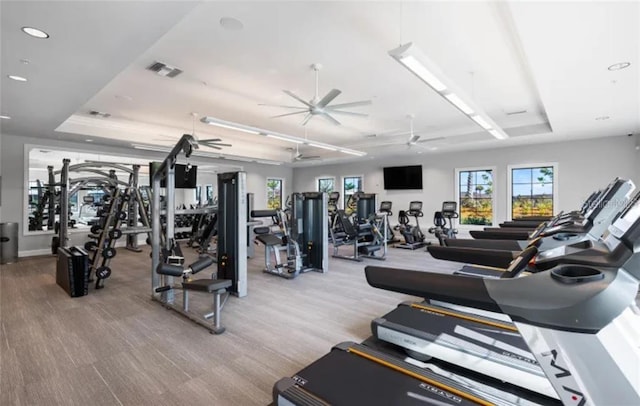 gym with ceiling fan, light wood-type flooring, and a tray ceiling