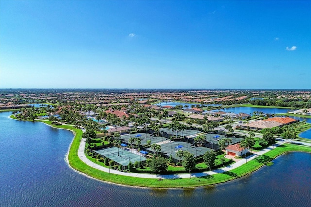 drone / aerial view with a water view