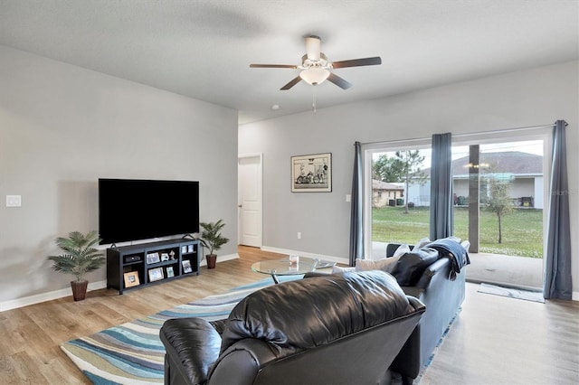 living room featuring ceiling fan and light hardwood / wood-style flooring