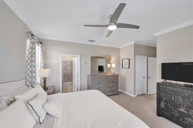 carpeted bedroom with ceiling fan, crown molding, and connected bathroom