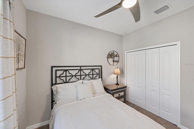 bedroom featuring ceiling fan and a closet