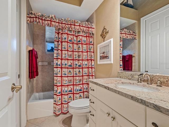 full bathroom featuring toilet, tile patterned flooring, vanity, and shower / tub combo with curtain