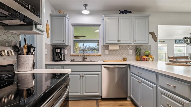 kitchen with gray cabinetry, sink, light hardwood / wood-style flooring, appliances with stainless steel finishes, and tasteful backsplash