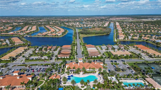 aerial view featuring a water view