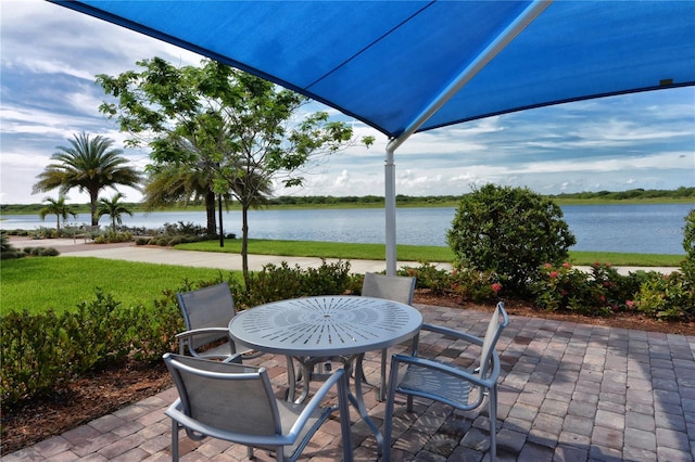 view of patio featuring a water view