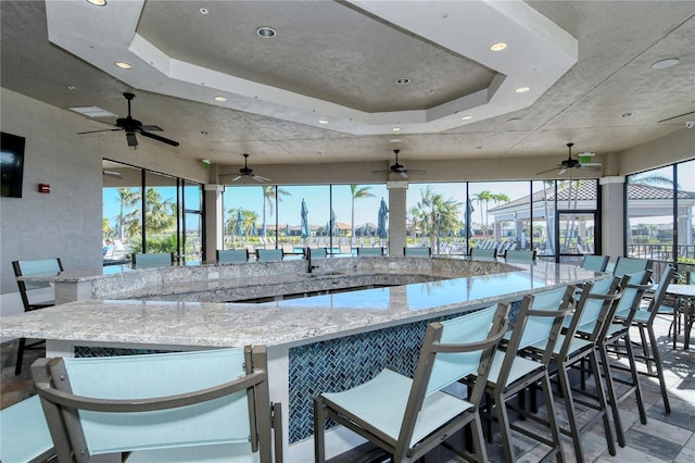 interior space featuring a healthy amount of sunlight, a raised ceiling, and light stone countertops