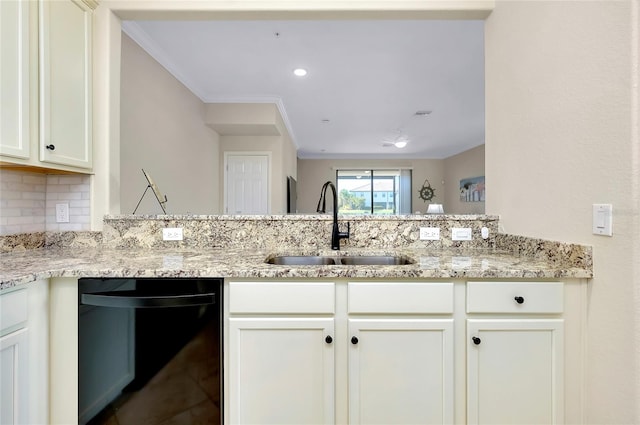 kitchen featuring white cabinetry, dishwasher, sink, backsplash, and crown molding