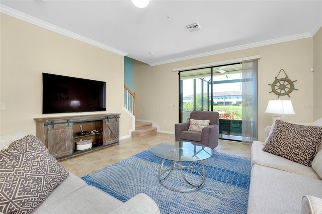 living room featuring light tile patterned floors and crown molding