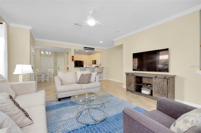 tiled living room with crown molding and an inviting chandelier