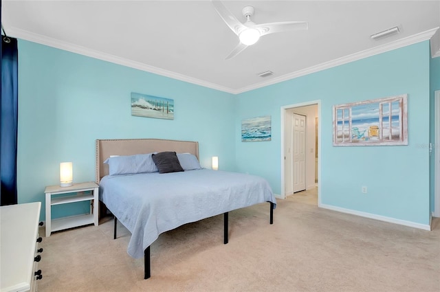 bedroom with ceiling fan, light carpet, and ornamental molding