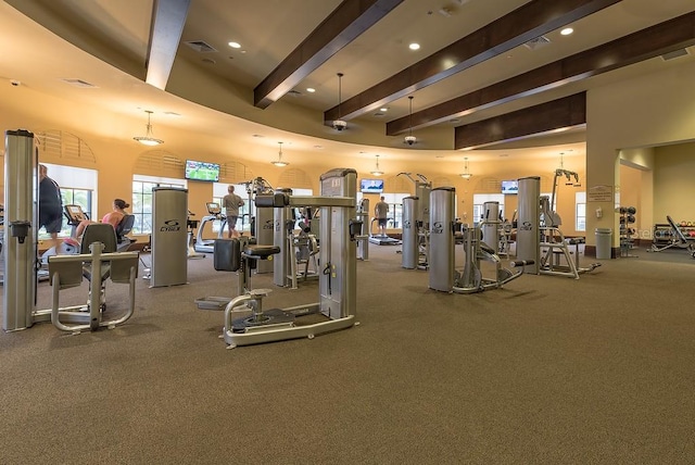 exercise room with a towering ceiling