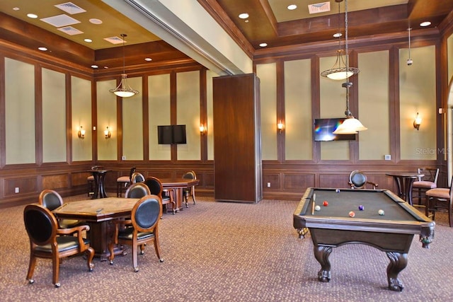 recreation room featuring carpet, ornamental molding, pool table, and a tray ceiling