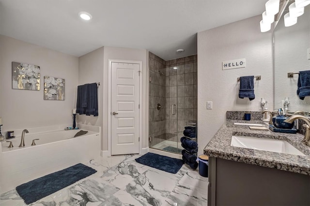 bathroom featuring independent shower and bath and vanity