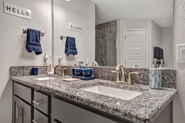 bathroom with a shower with door and vanity