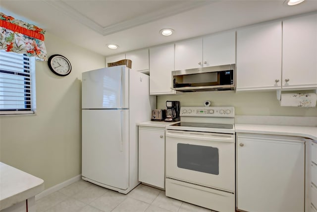 kitchen with white cabinetry, white appliances, light tile patterned floors, and ornamental molding