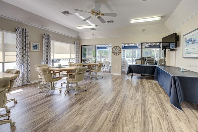 dining room featuring ceiling fan and light wood-type flooring