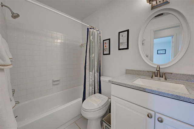 full bathroom with vanity, shower / bath combination with curtain, tile patterned floors, and toilet