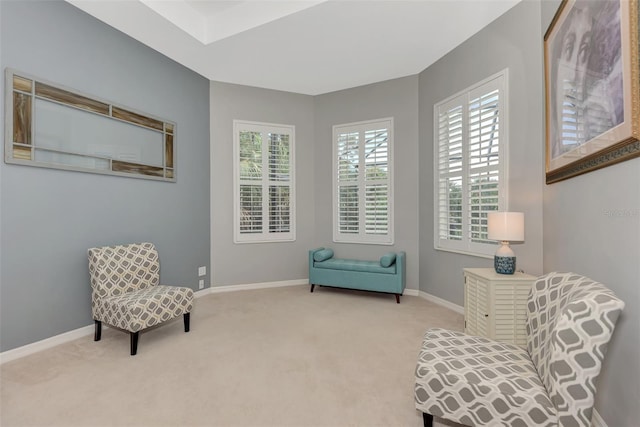 living area featuring light carpet