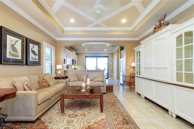 living room featuring beamed ceiling, ornamental molding, coffered ceiling, and light tile patterned flooring