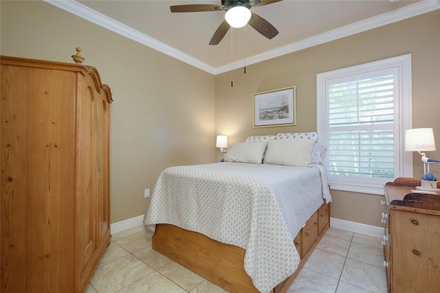 bedroom featuring crown molding, light tile patterned floors, and ceiling fan