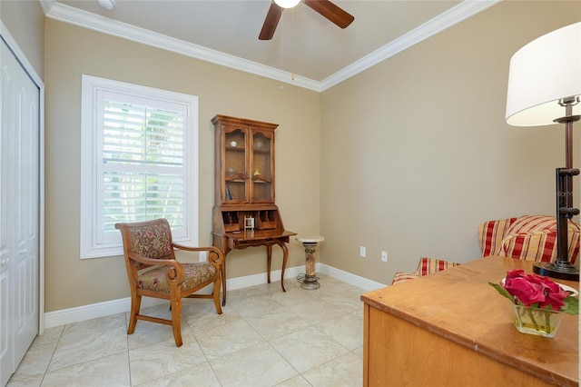 interior space with ornamental molding, light tile patterned flooring, and ceiling fan