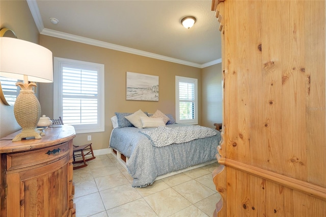 bedroom with ornamental molding and light tile patterned flooring